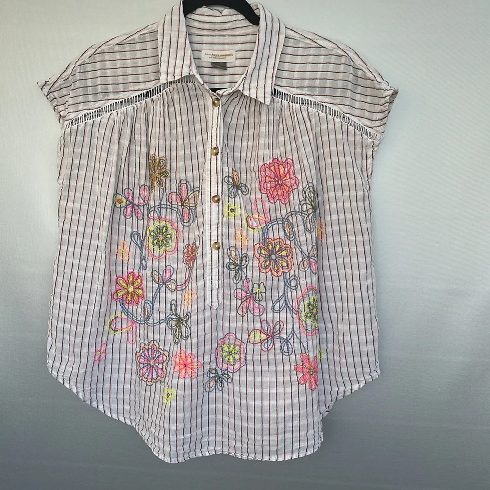Anthropologie Pilcro Serena Surf Henley Blouse Floral Embroidered Sz S Oversized - Picture 5 of 11